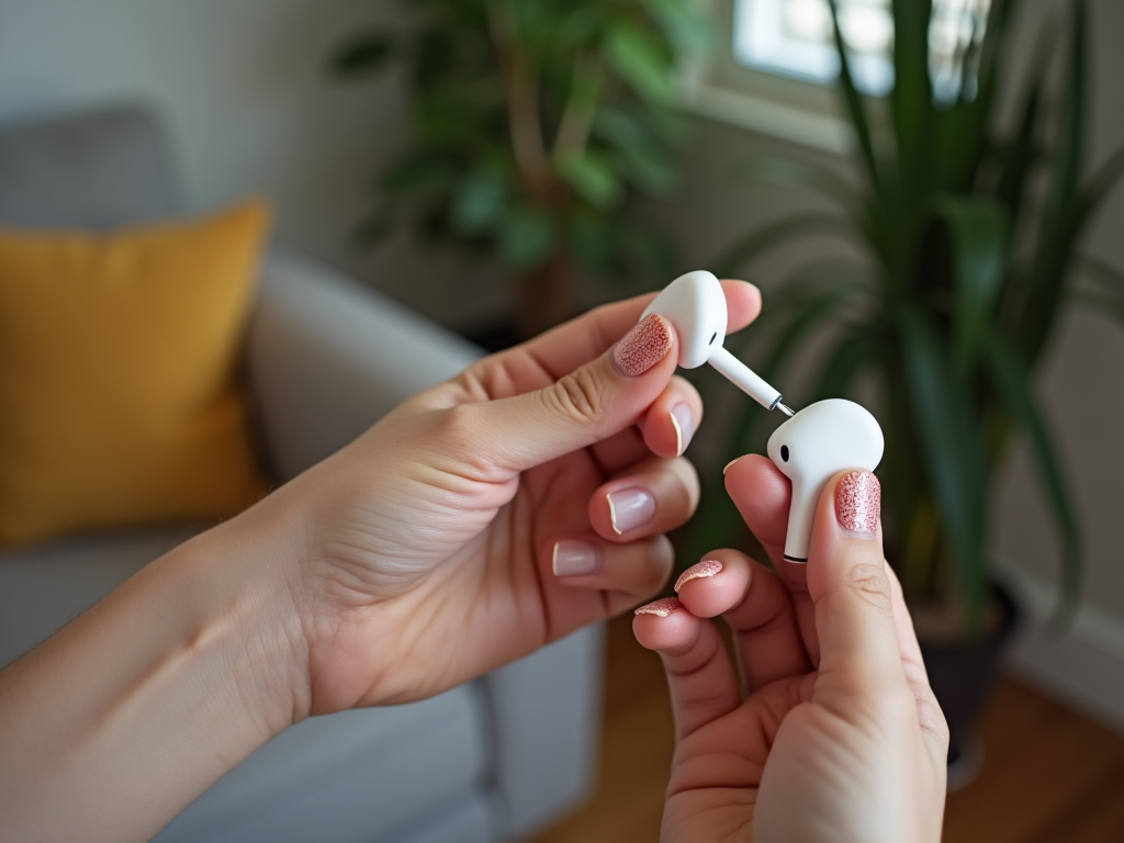 Hands holding wireless earbuds with sparkling pink nail polish, sofa and plant in the background.