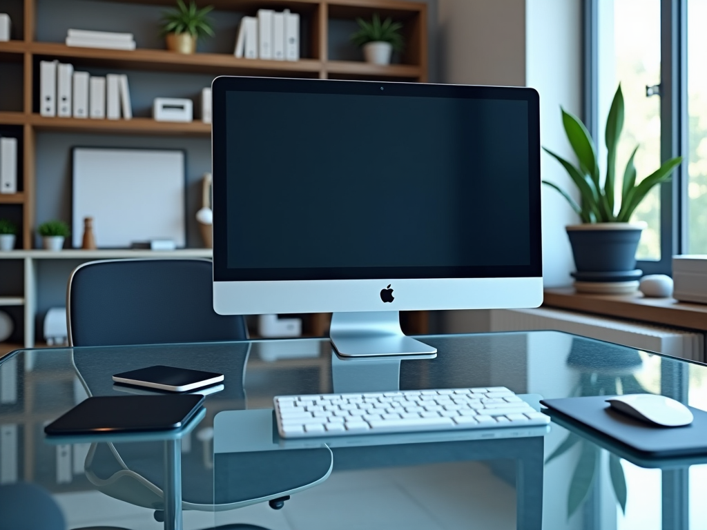 Apple computer on a glass desk in a modern office with shelves and plants.