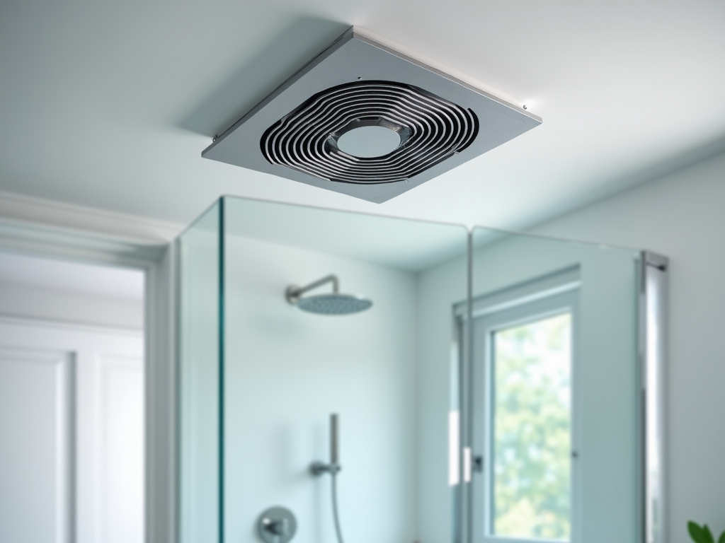 Modern ceiling-mounted bathroom ventilation fan above a glass shower enclosure.